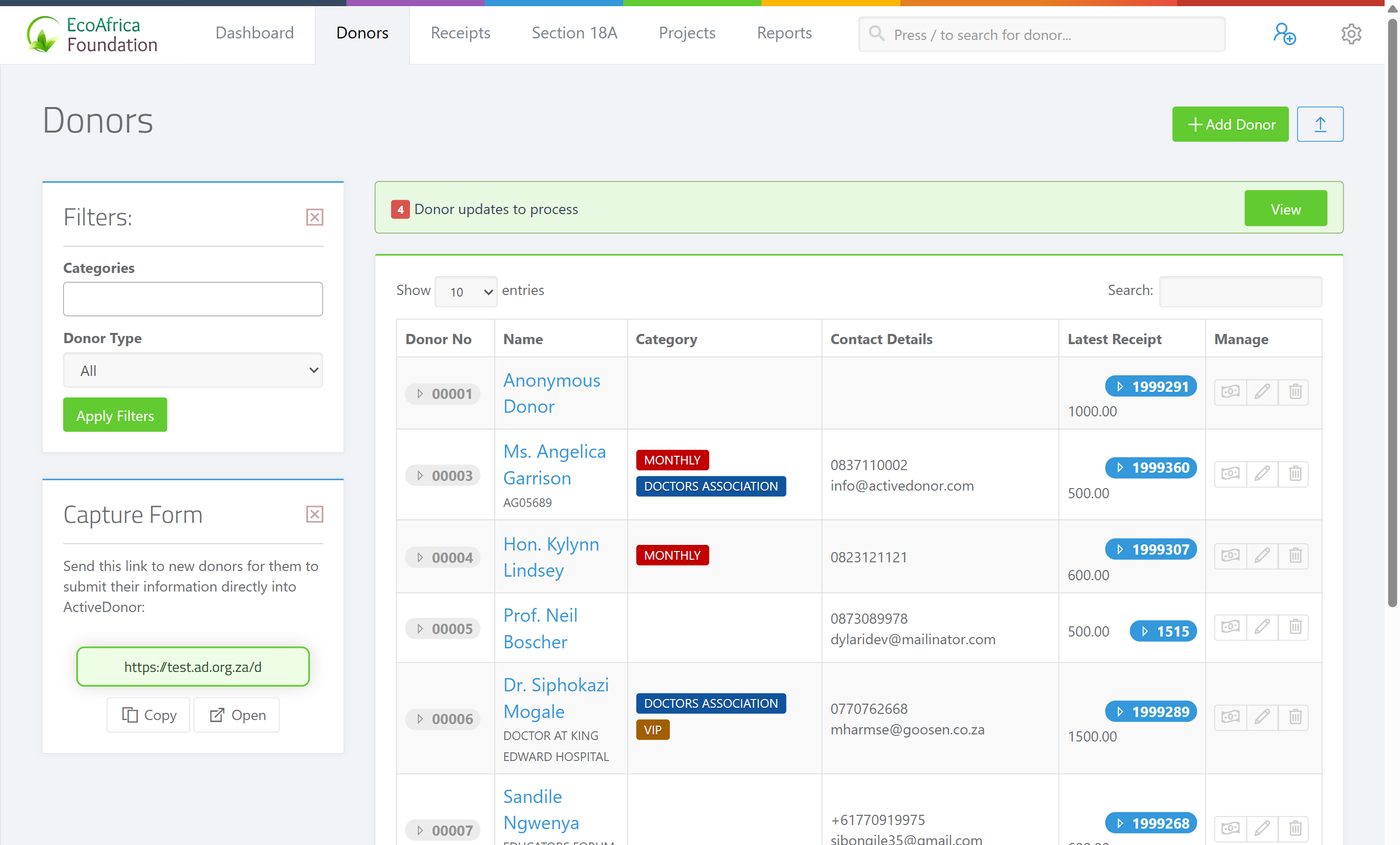 The Donors page with the left-sidebar "Filters:" panel showing the Categories multi-select, the Donor Type dropdown (All, Individual, Company, Company (Public), CC, NPC, Trust, Association, Estate, Entity (legacy)), and the green "Apply Filters" button.