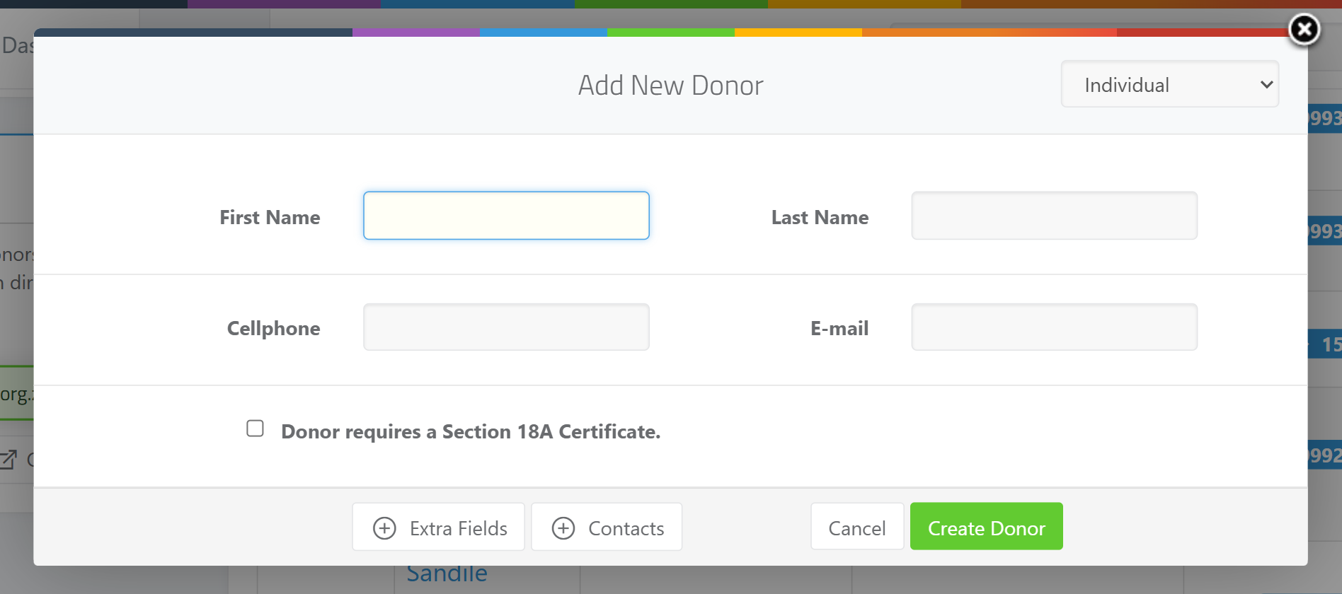 The Add New Donor window — the Donor Type dropdown (top-right) expanded showing Individual, Company, Company (Public), CC, NPC, Trust, Association and Estate; the Personal Details / Organization Details, Donor Information, Postal Address and Tax Information sections; the Extra Fields and Contacts buttons; and the green Create Donor button.