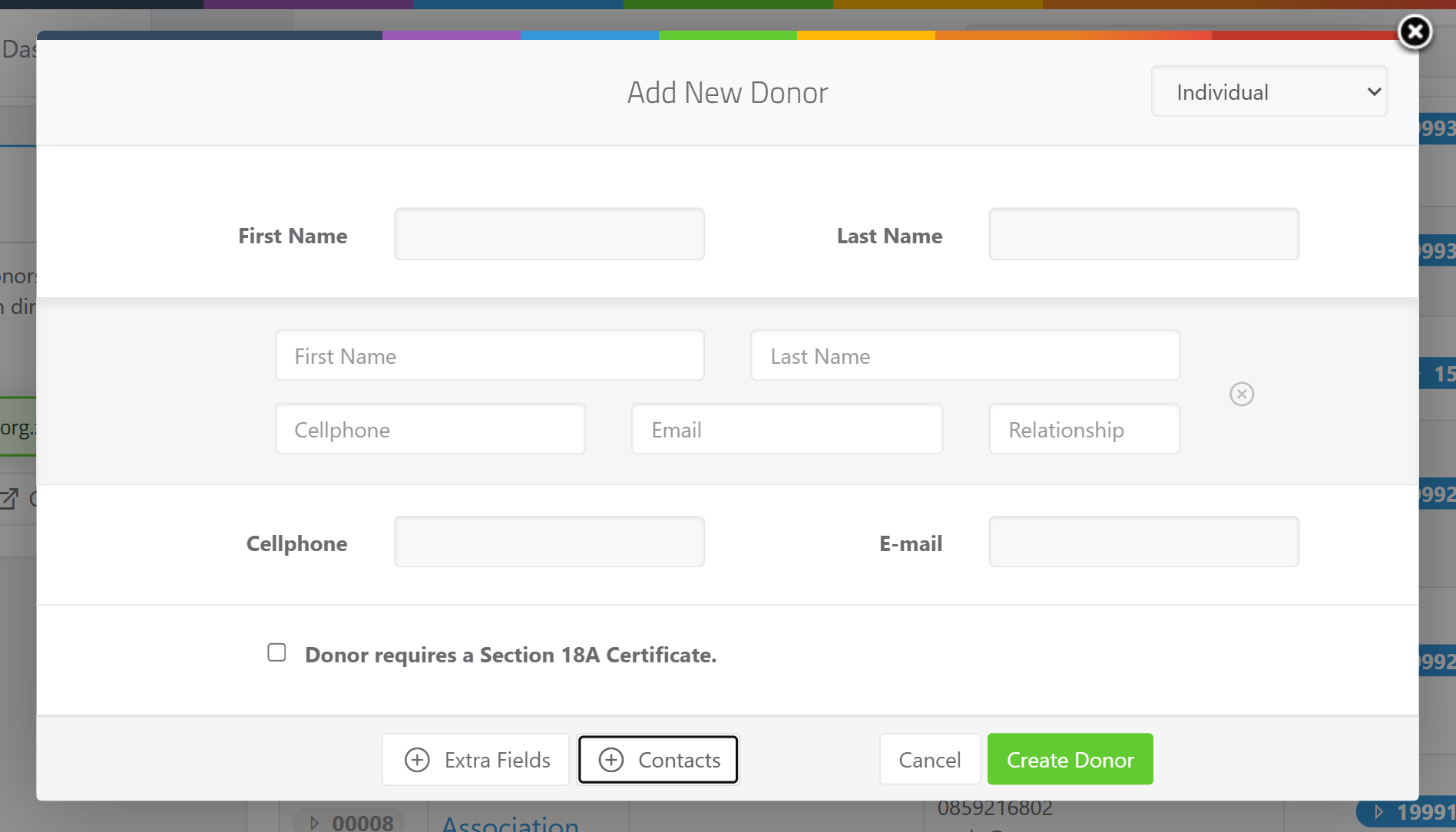 The donor form with the Contacts button and a contact block showing First Name, Last Name, Cellphone, Email and Relationship inputs, plus a delete (×) control.