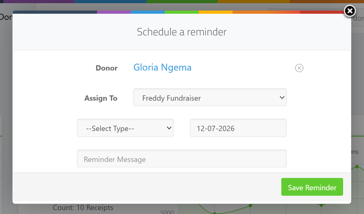 The Schedule a reminder window — the Assign To dropdown (--Assign to Self--), the --Select Type-- dropdown listing the reminder types, the scheduled date field, the Reminder Message field, and the green Save Reminder button.