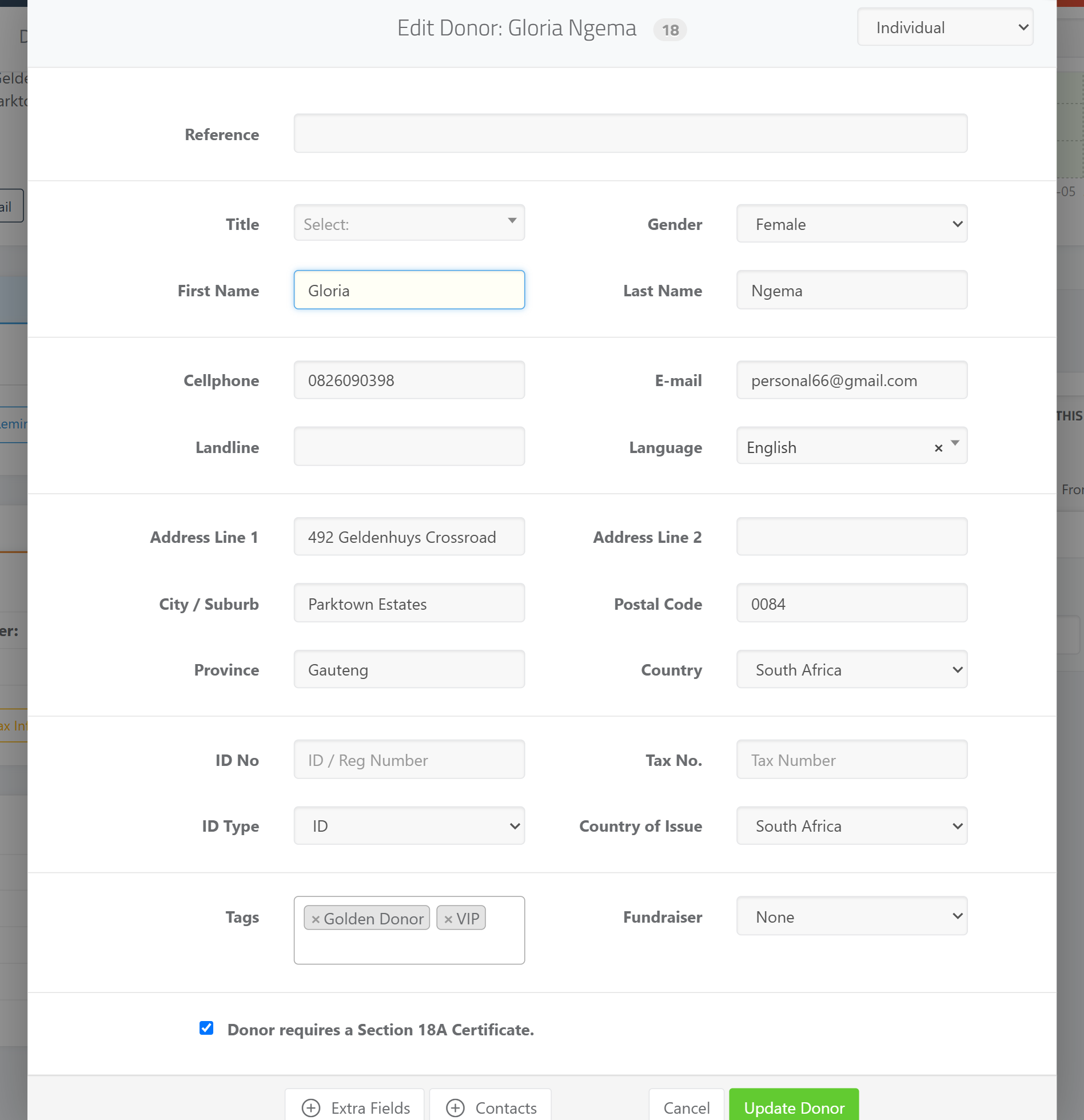 The Manage dropdown on a donor profile with Edit Donor highlighted, and the Edit Donor window titled "Edit Donor: <name>" with the Donor Type dropdown top-right and a green Update Donor button.
