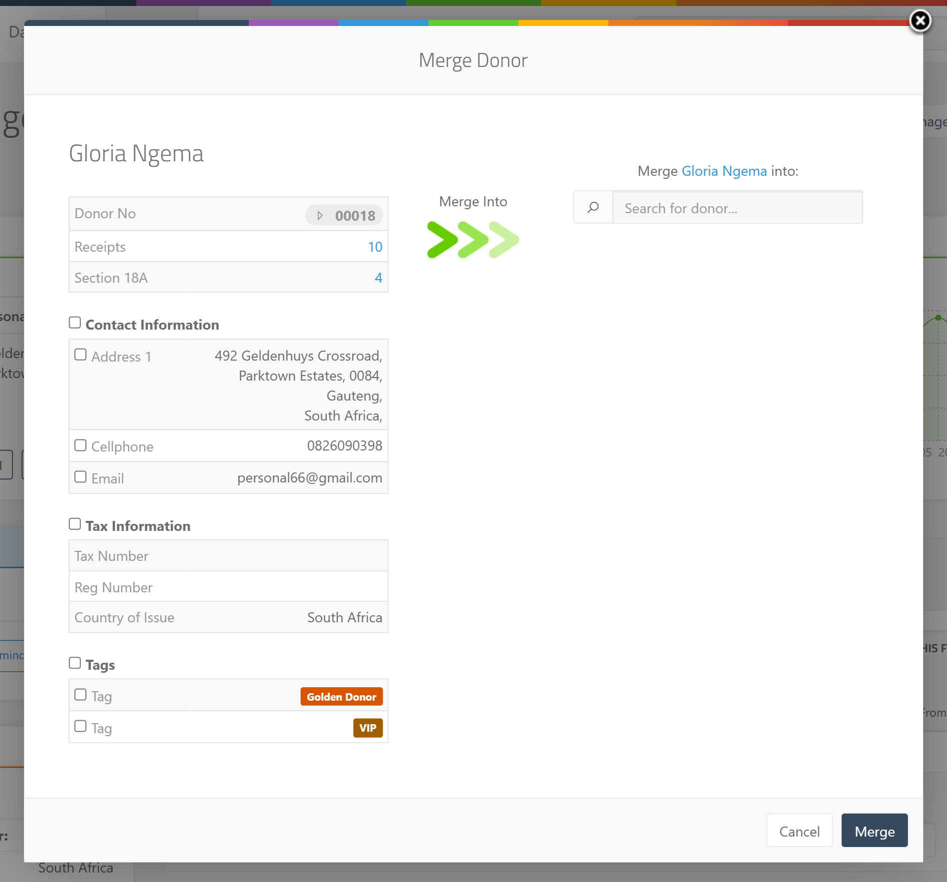 The Merge Donor window — the source donor's details on the left, the "Merge Into" search box and selected target on the right, and the Contact Information, Tax Information and Tags sections with tick boxes, plus Cancel and Merge buttons.