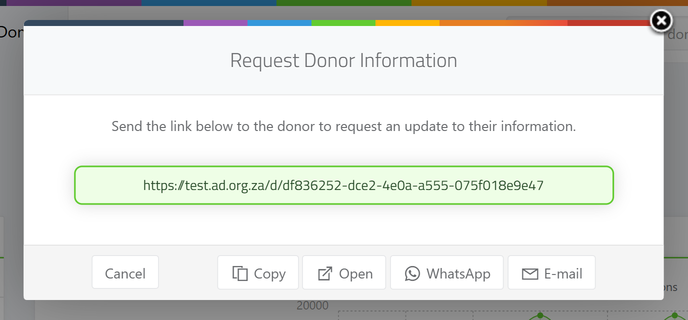 The Request Donor Information window showing the personal update link and the Copy, Open, WhatsApp and E-mail buttons.