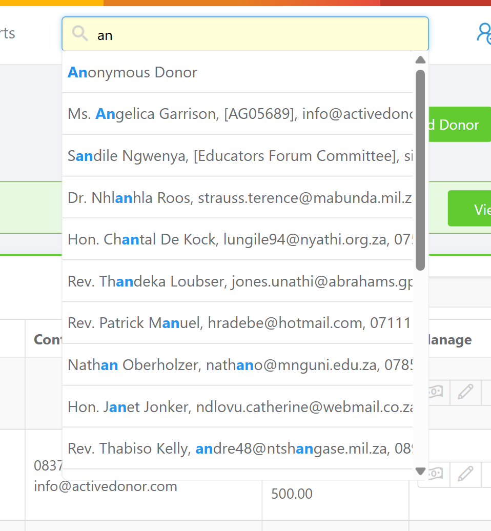 The top navigation search box showing the "Press / to search for donor..." prompt with a dropdown list of matching donor results underneath.