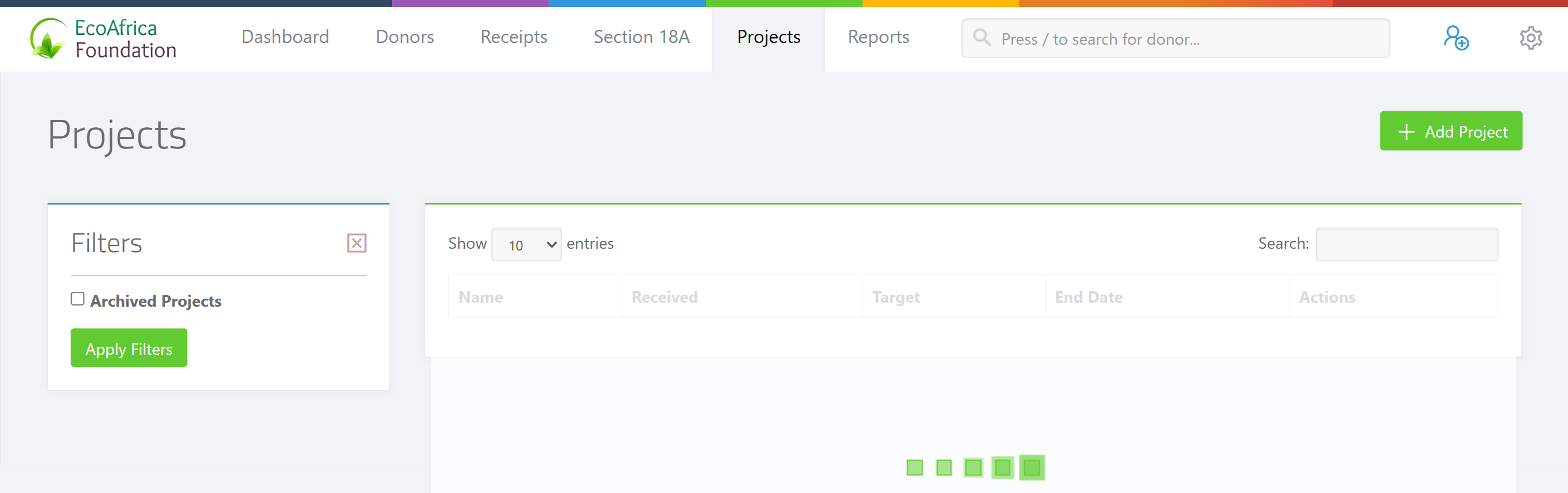 The Projects list page showing the Add Project button top right, the Filters panel on the left with the "Archived Projects" checkbox and Apply Filters button, and the projects table with Name, Received, Target, End Date and Actions columns.