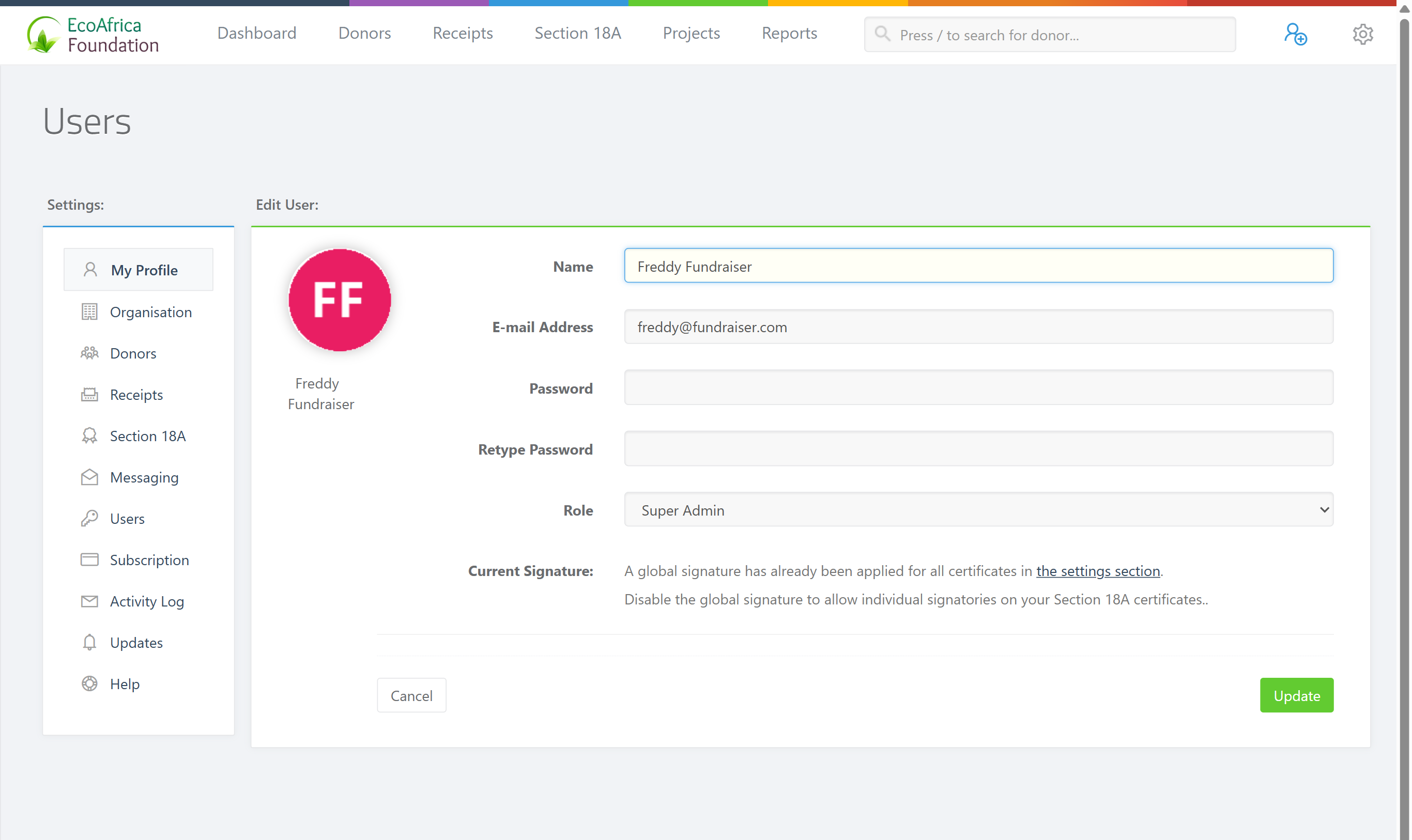 The Edit User (My Account) form showing the Name, E-mail Address, Password and Retype Password fields, and the Electronic Signatures section with the Upload New Signature control and the "Automatically sign all Section 18A certificates…" checkbox.