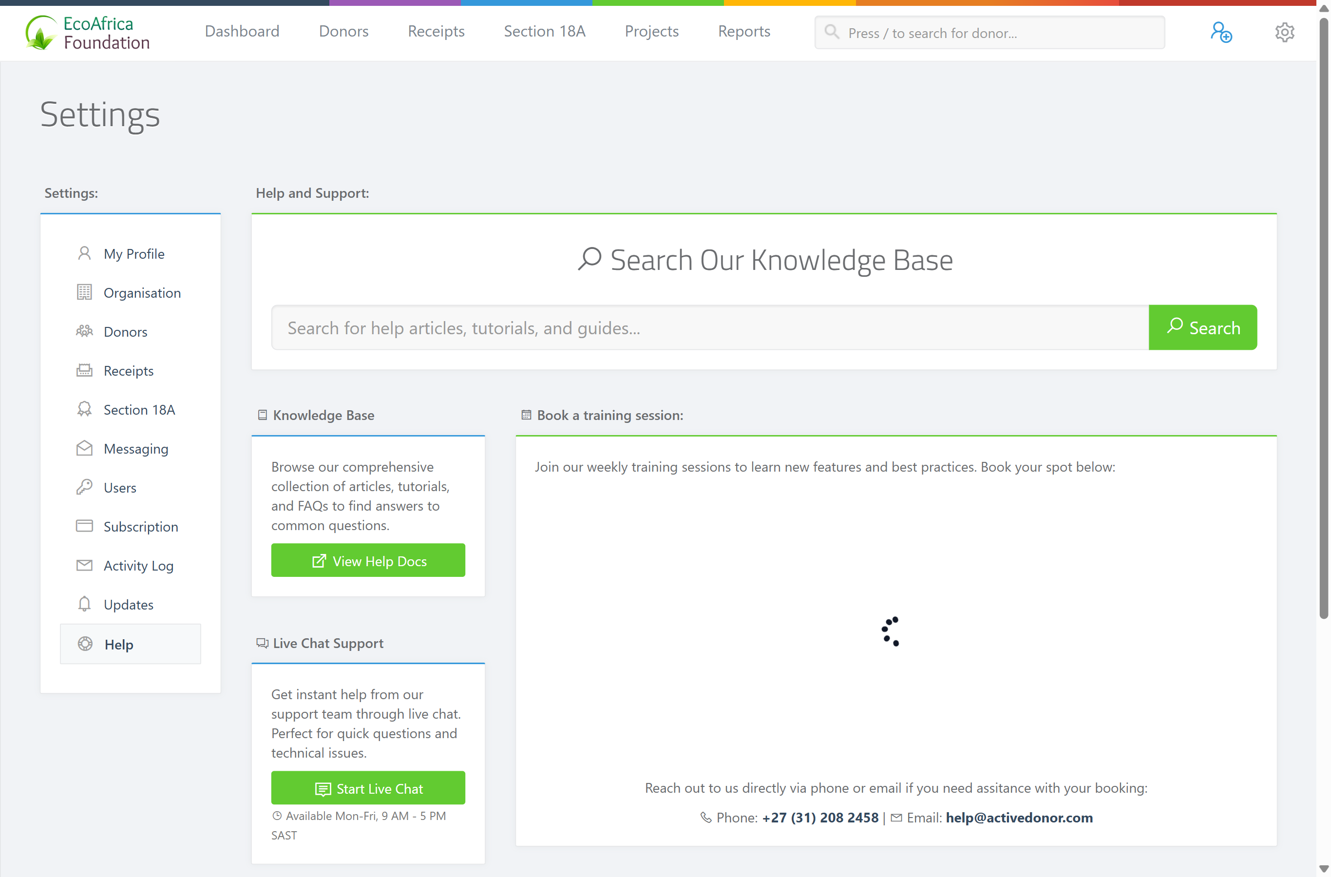 The Help and Support page showing the "Search Our Knowledge Base" box, the Knowledge Base / Live Chat Support / Support Access panels on the left, and the "Book a training session" calendar on the right.