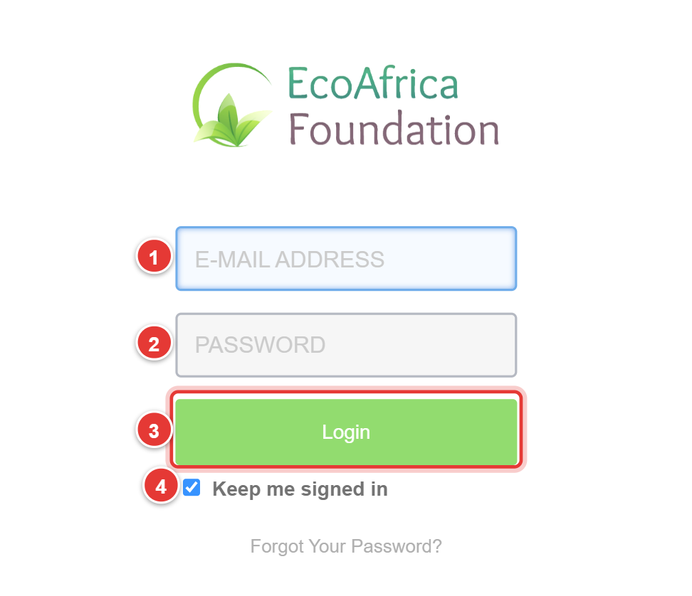 The charity login panel showing the E-MAIL ADDRESS and PASSWORD fields, the "Keep me signed in" checkbox (ticked), the green Login button and the "Forgot Your Password?" link.