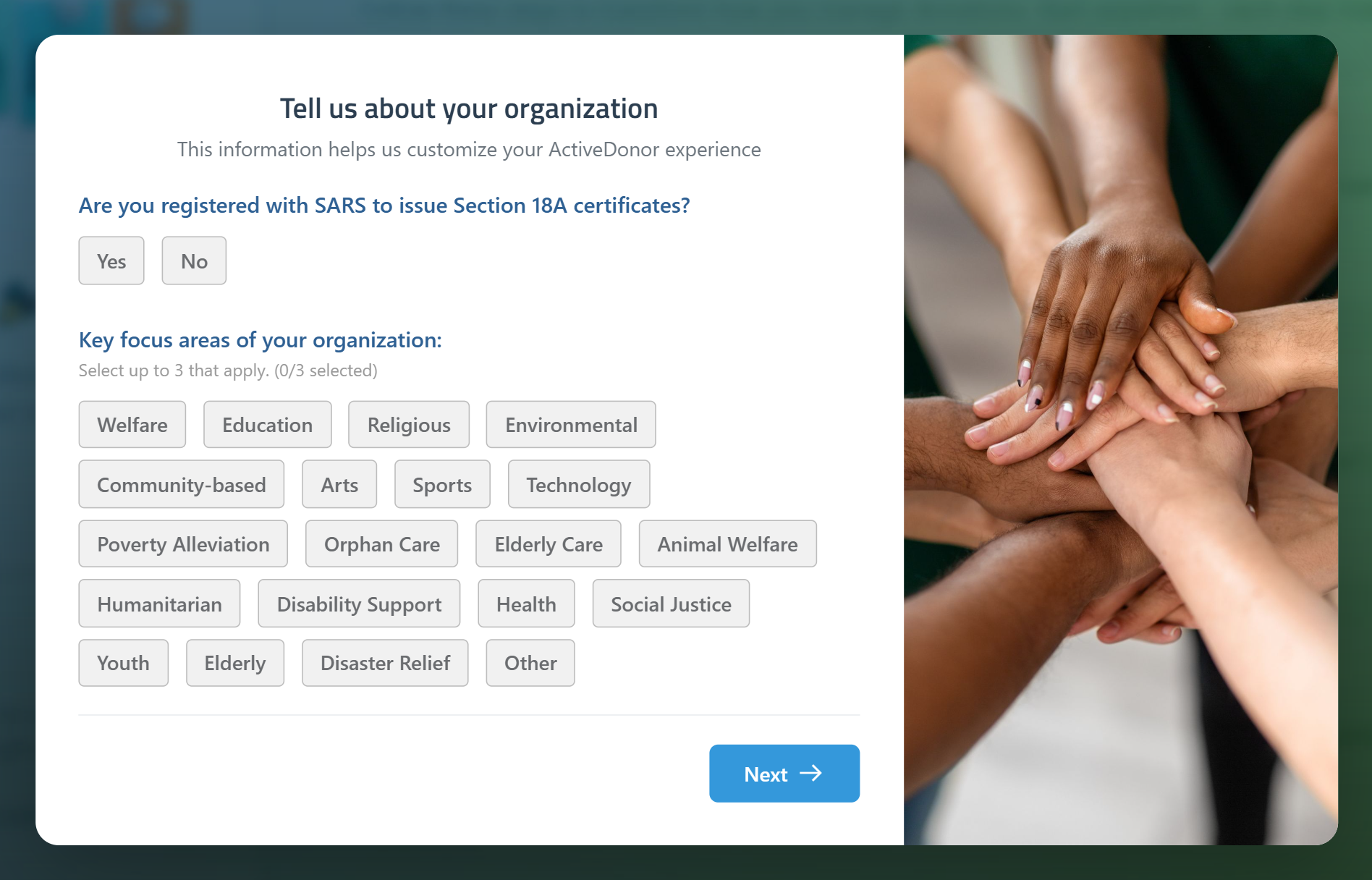 Onboarding wizard step 1 ("Tell us about your organization") showing the SARS registration Yes/No buttons and the focus-area option grid with the "Select up to 3 that apply. (1/3 selected)" counter, and the Next → button.