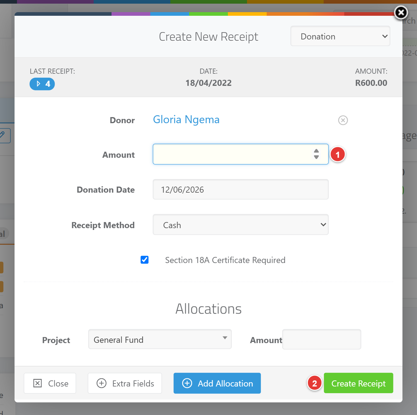 The Create New Receipt pop-up — the Search for donor box, the receipt type dropdown (top right), Amount, Donation Date, Receipt Method, the Section 18A Certificate Required checkbox, the Allocations section with Add Allocation, the Extra Fields button, and the green Create Receipt button.