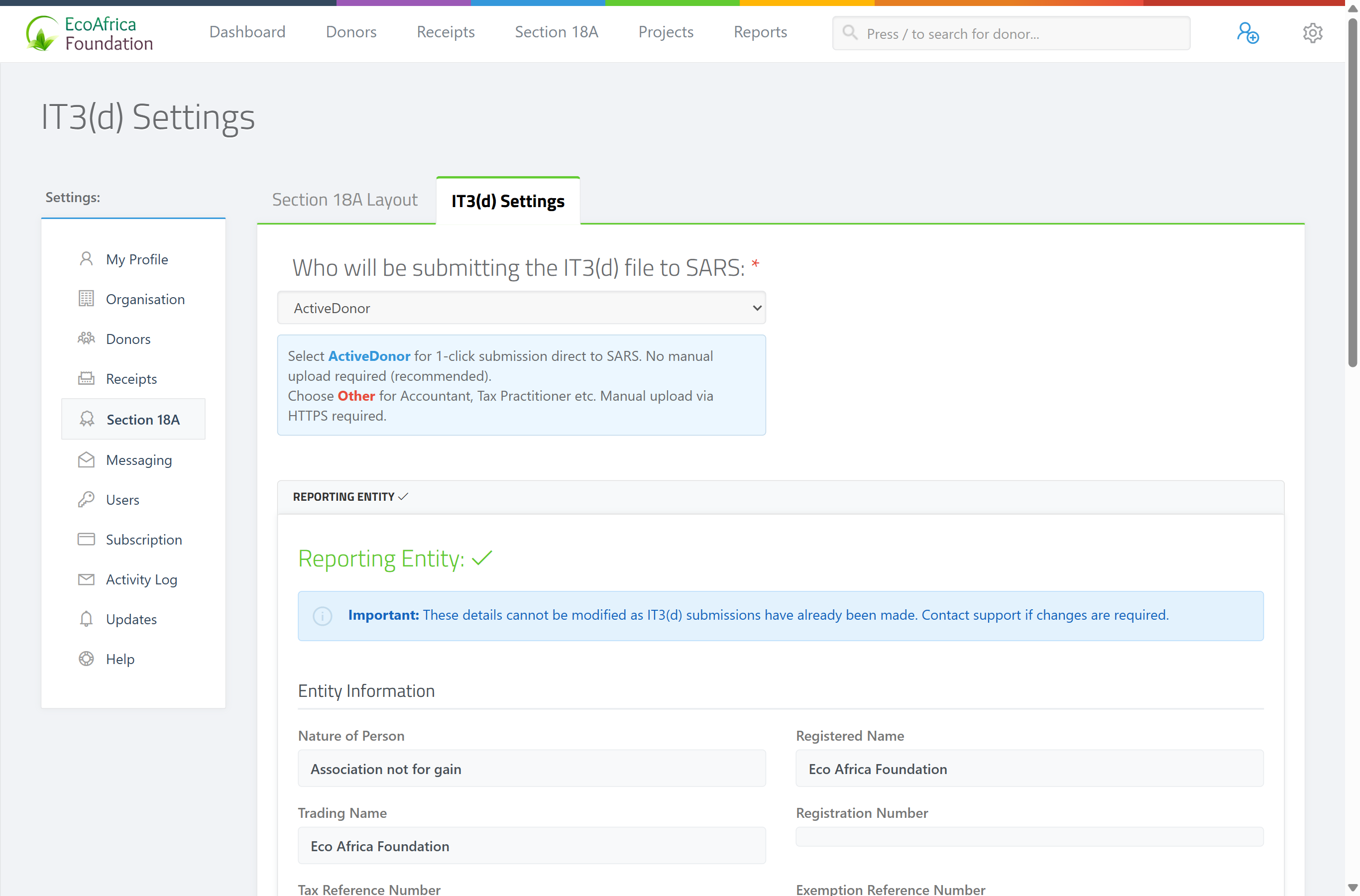 The IT3(d) Settings page showing the "Who will be submitting the IT3(d) file to SARS" dropdown (ActiveDonor / Other) and the Submission File Header, Submitting Entity and Reporting Entity panels.