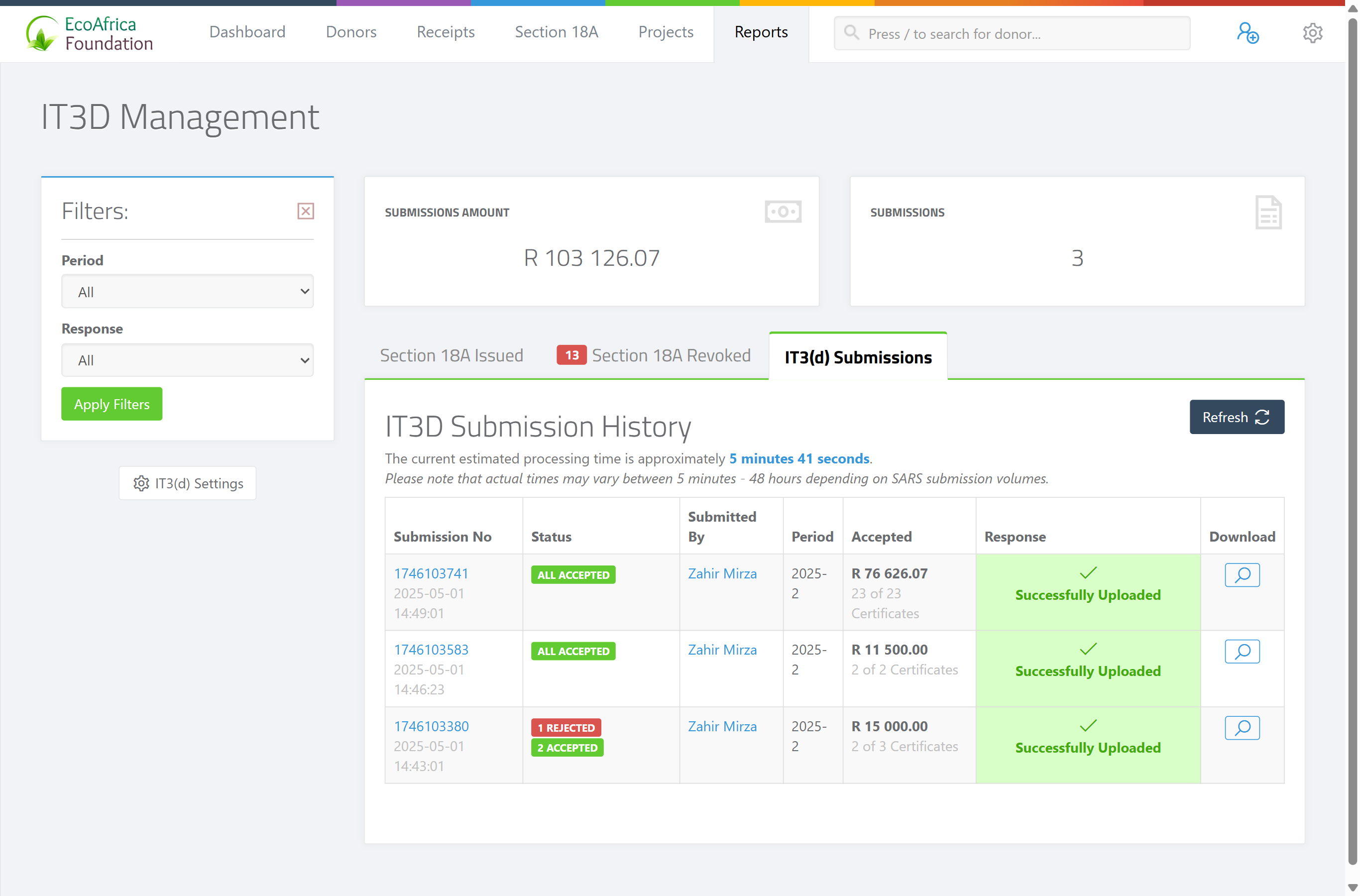 The IT3(d) Submissions tab showing the submission history table with Submission No, Status labels (e.g. ALL ACCEPTED, Partial Upload), Period, Accepted counts, and the colour-coded Response column.