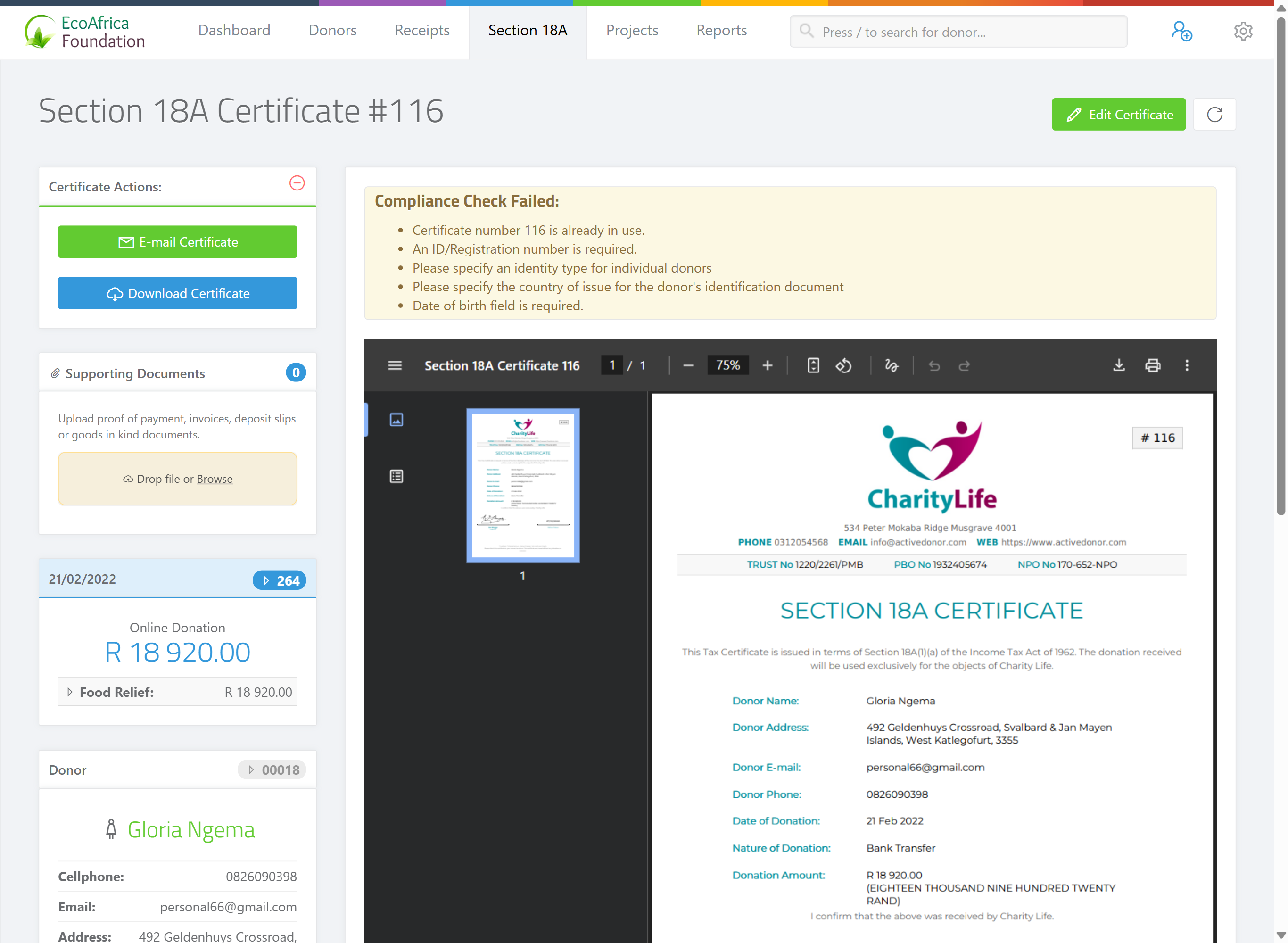 The Section 18A Certificate page with the circular "Re-generate PDF File" refresh icon highlighted near the certificate actions.
