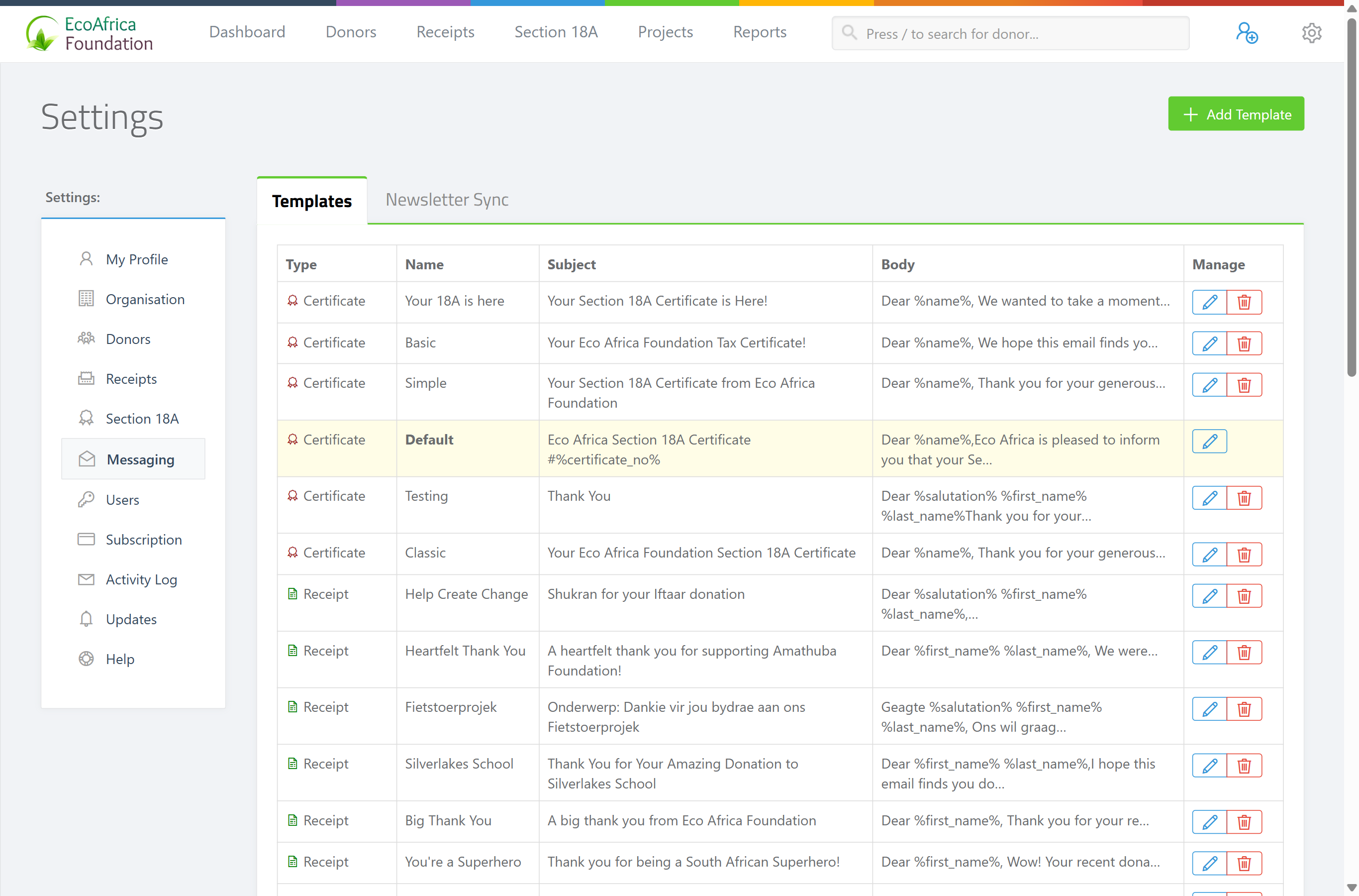 The Messaging > Templates tab — the template table with Type, Name, Subject, Body and Manage columns, the Add Template button at top right, and the Create New Email Template pop-up with its Placeholders panel on the left.