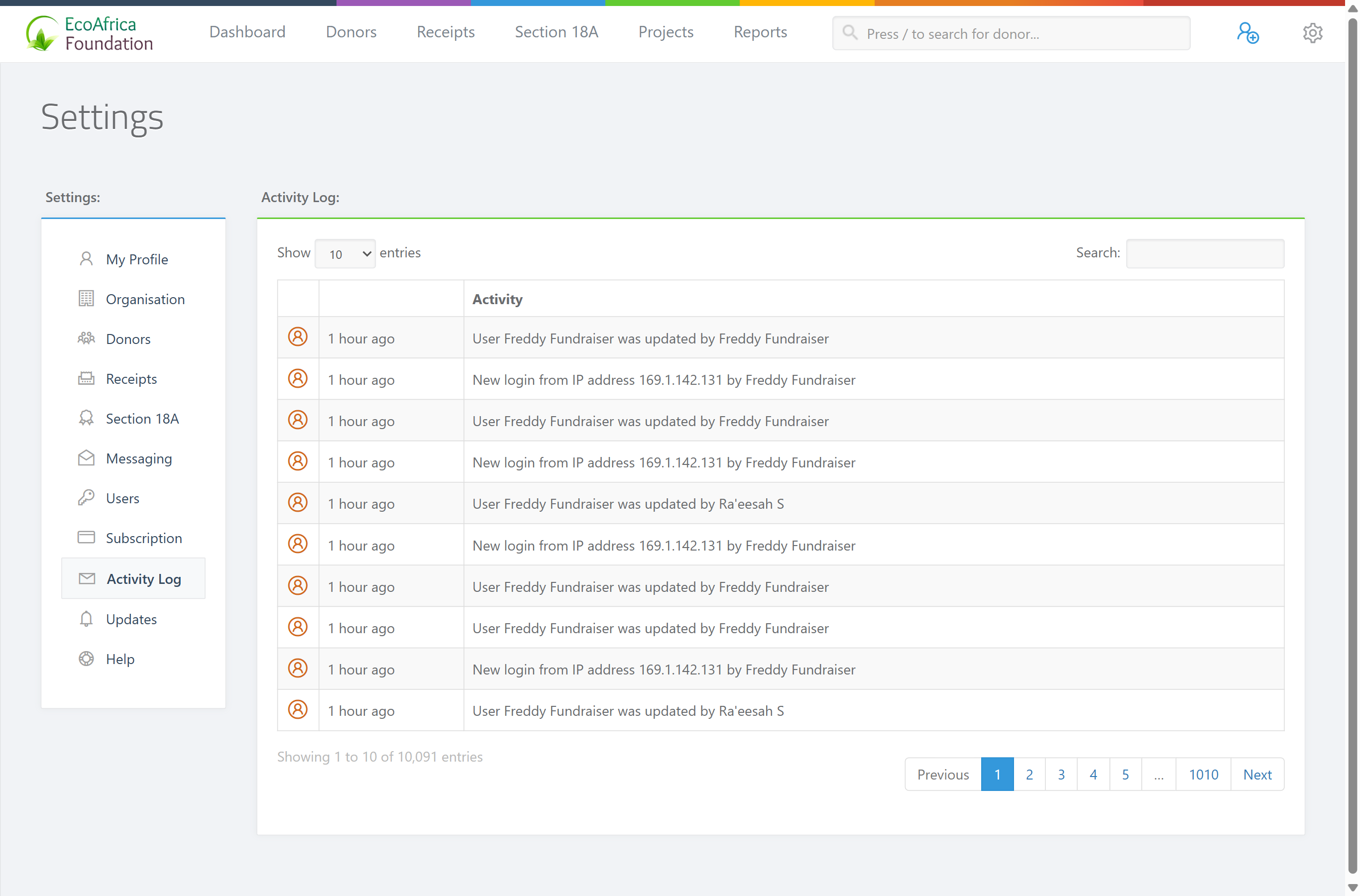 The Activity Log page — a three-column table with a small icon column, a "time ago" column (e.g. "5 minutes ago"), and an Activity column with entries such as "Organisation settings were updated".