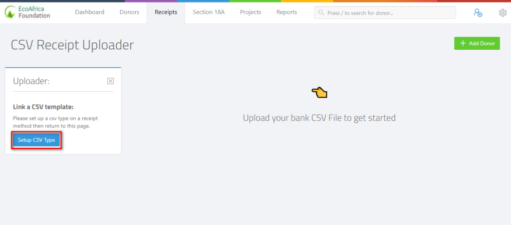 Uploading donation receipts via CSV - CSV Uploader Page