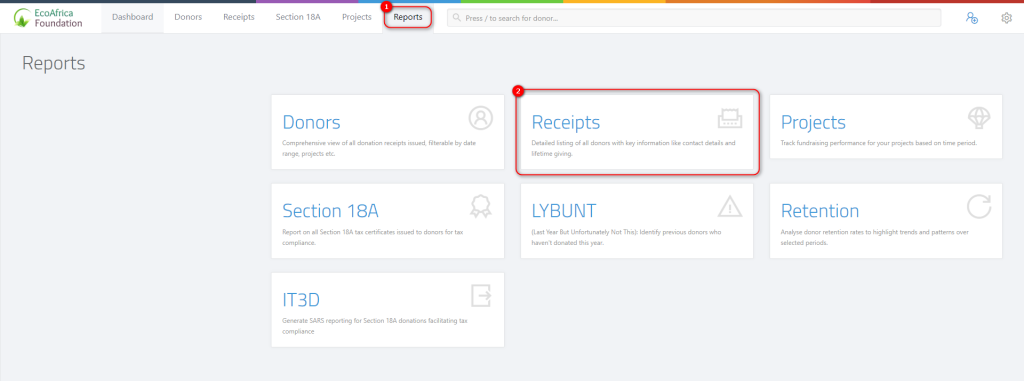 Generating Financial Receipt Reports - Reports Page