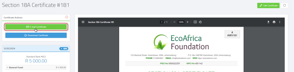 Generating a Section 18A Tax Certificate - Emailing Section 18A Certificate