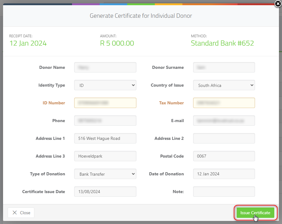 Generating a Section 18A Tax Certificate - Generate Certificate for Individual Donor Pop up