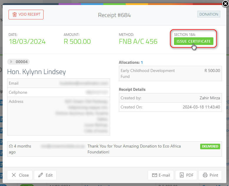 Generating a Section 18A Tax Certificate - Issue Certificate from Receipt