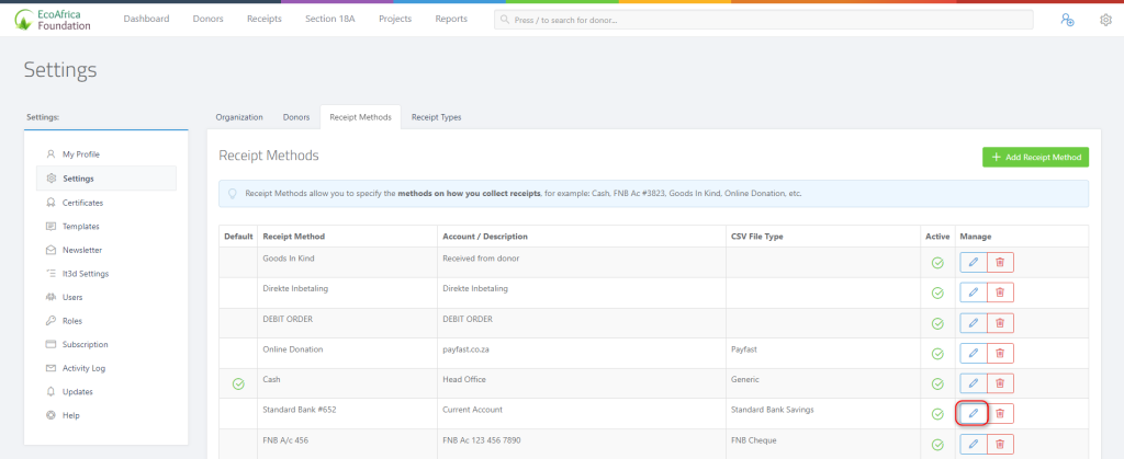 How to setup the CSV uploader settings - Editing a receipt method