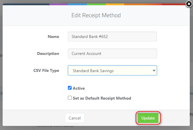 How to setup the CSV uploader settings - Editing receipt method pop up 2