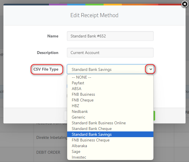 How to setup the CSV uploader settings - Editing receipt method pop up