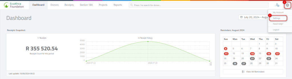 How to setup the CSV uploader settings - Navigating to the settings page from the dashboard