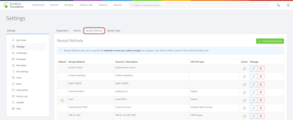 How to setup the CSV uploader settings - Opening Receipt Methods settings