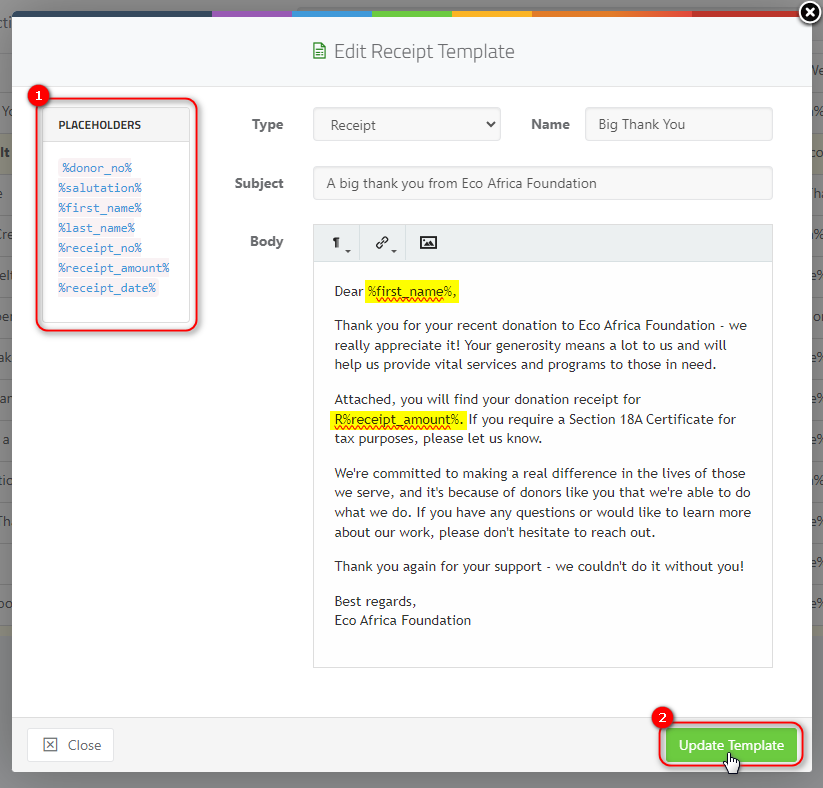 Managing Your Email Templates - Edit Receipt Template