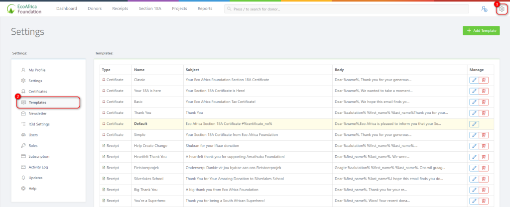 Managing Your Email Templates - Settings Page