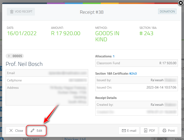 Modifying an existing receipt - Editing from a receipt