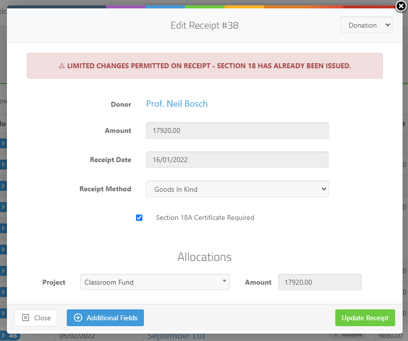 Modifying an existing receipt - receipt editor