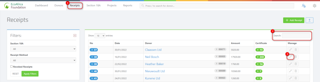 Modifying an existing receipt - receipts page