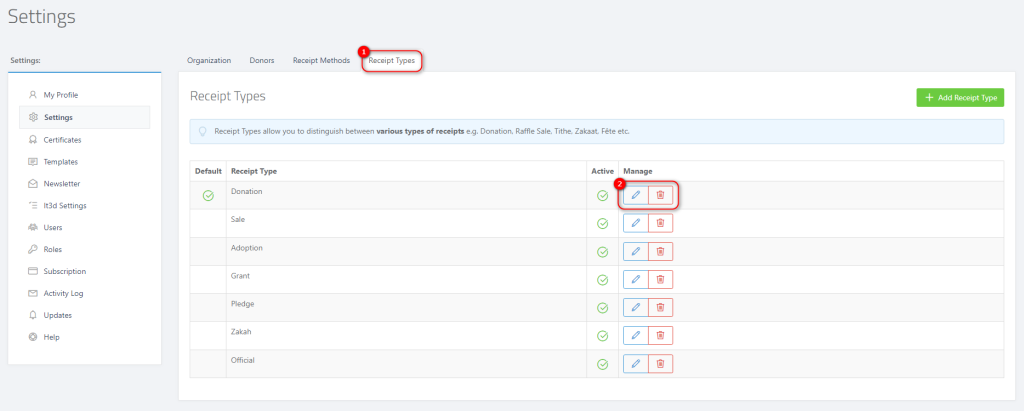 Receipt Types - receipt type settings page