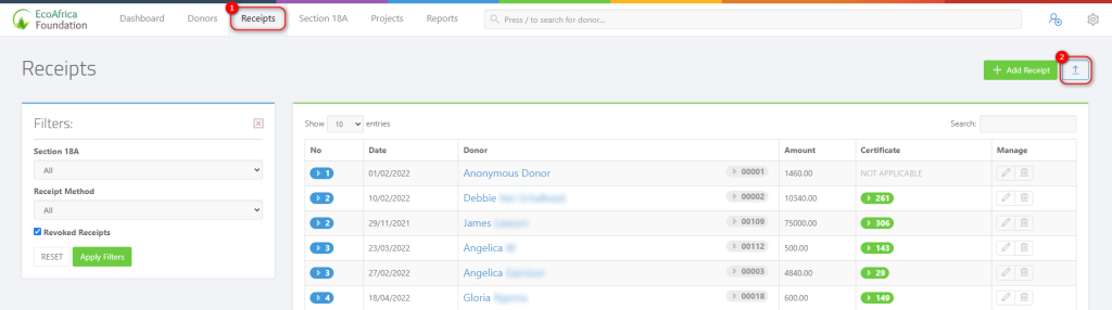 Uploading donation receipts via CSV - Receipts page
