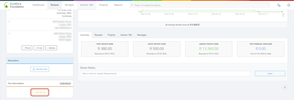 Adding Donor Tax & ID Info - Adding donor tax info from the donor profile