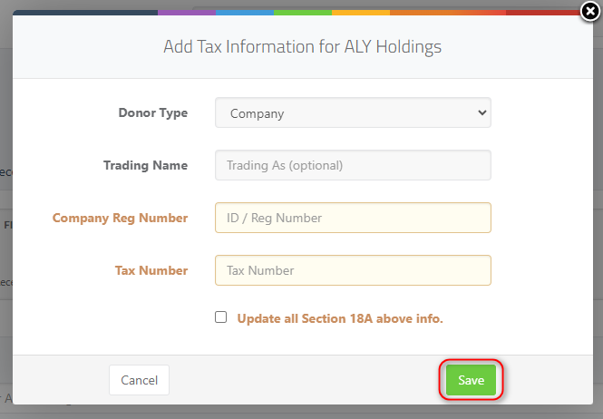 Adding Donor Tax & ID Info -  Adding tax info pop up for companies/entity