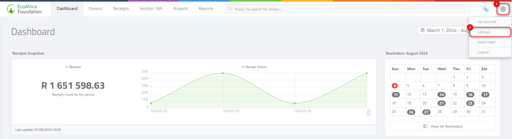 Adding a Fundraiser - Navigating to the settings page from the Dashboard