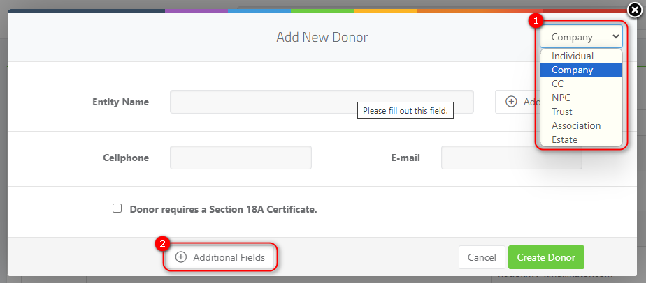 Adding a New Business/Entity Donor - Selecting company or entity in new donor pop up