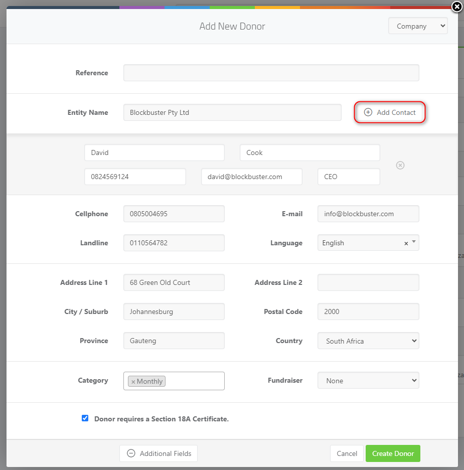 Adding a New Business/Entity Donor - adding additional fields