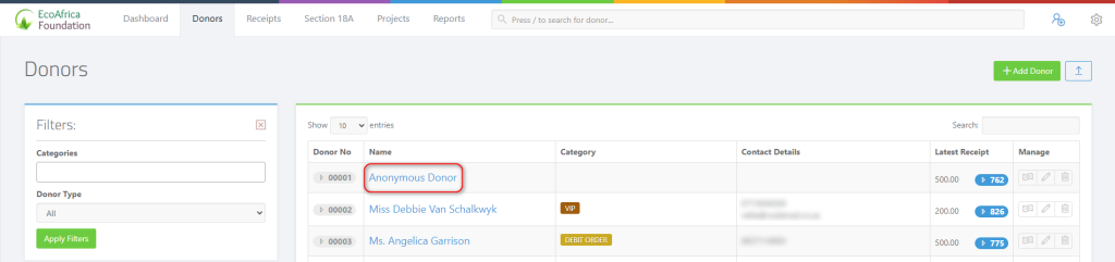 Anonymous Donor - finding anonymous donor from the donors page