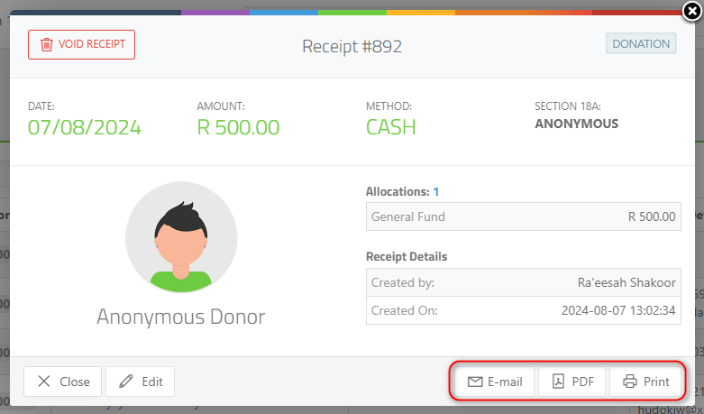 Anonymous Donor - You can download a pdf, email or print the receipt