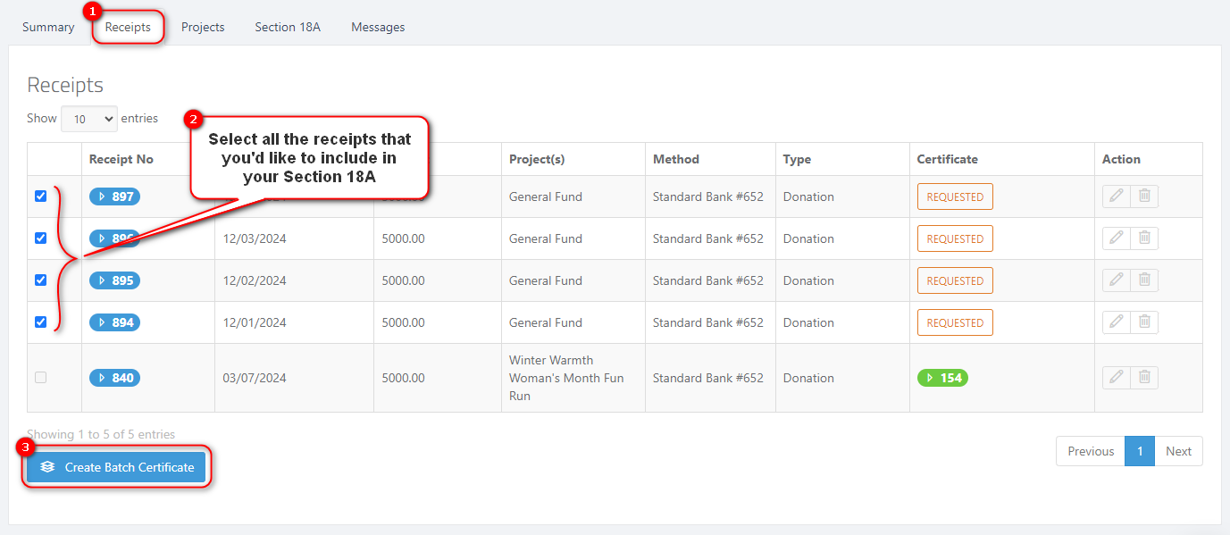 Generating a Combined (Batch) Section 18A Tax Certificate from Multiple Receipts - Selecting the receipts from the donors profile