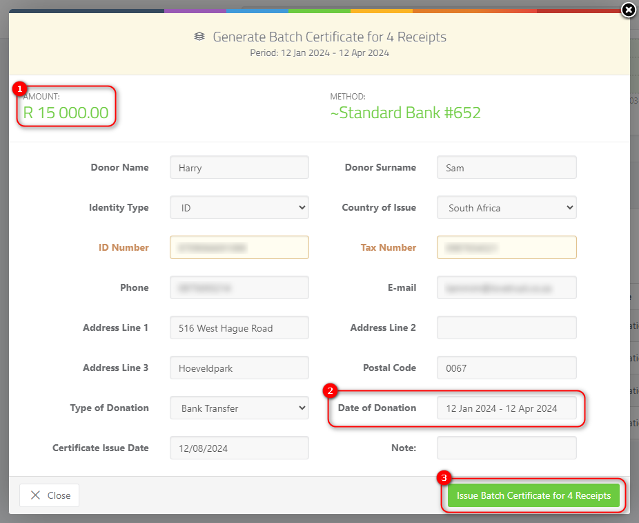 Generating a Combined (Batch) Section 18A Tax Certificate from Multiple Receipts - Generating certificate pop up