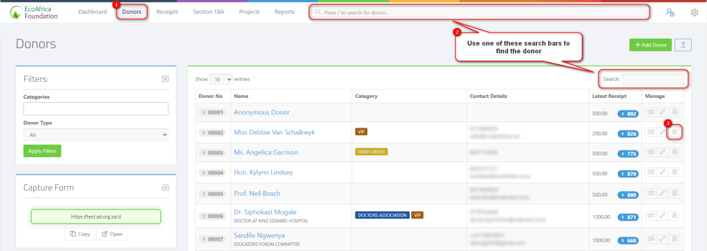 Deleting a Donor - Searching for donors from the donors page