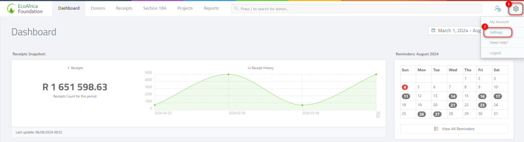 Managing Donor Categories (Tags) - Navigating to the settings page from the dashboard