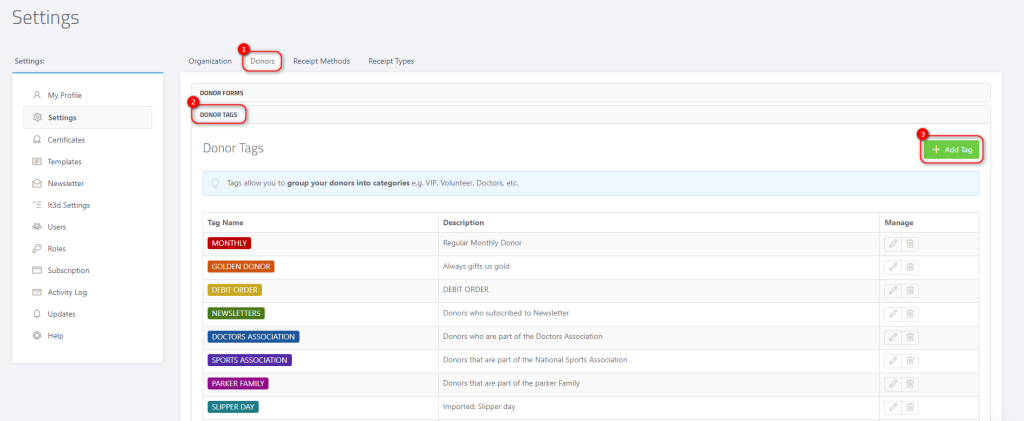Managing Donor Categories (Tags) - Finding the Donor settings 