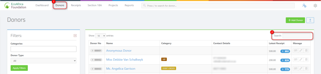 Searching for Donors from the donors page search bar