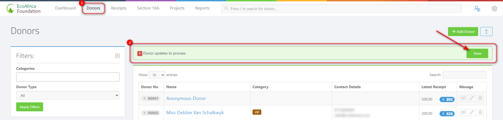 Requesting Information From Donors - donor update notification from the donor page